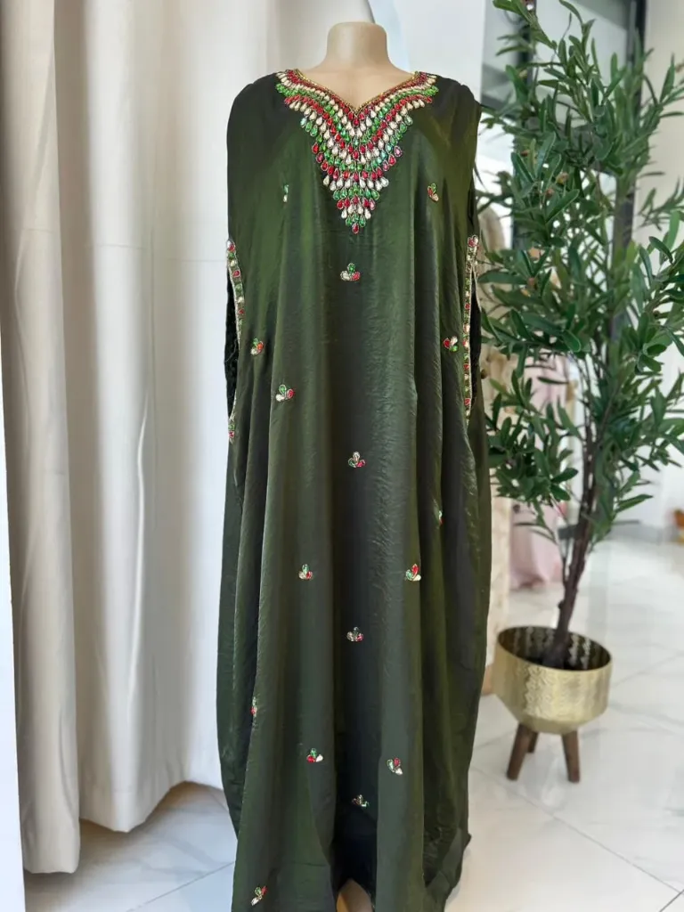 KS1297JGSF JUNGLE GREEN WITH COLOURFUL STONES ORGANZA KAFTAN                                   -FREE SIZE