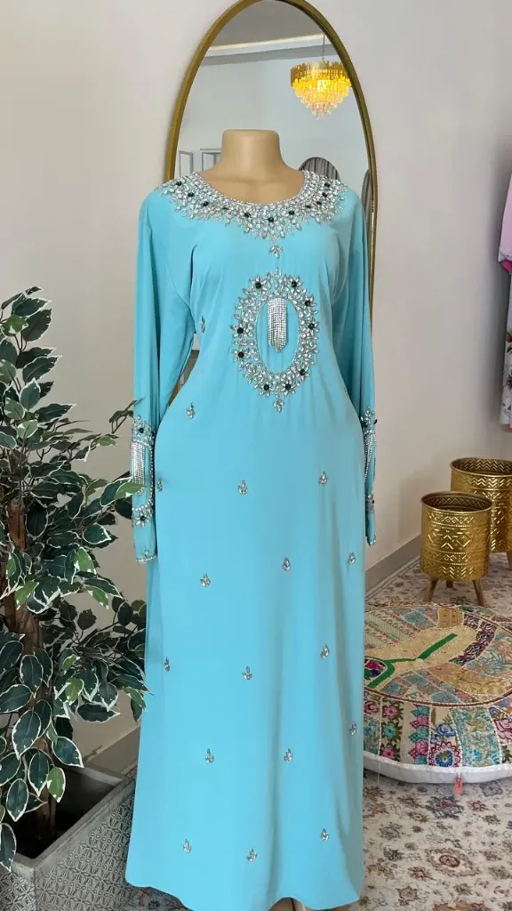KS1298TUSF TURQUISE GREEN WITH SILVER STONES KAFTAN                                                     -FREE SIZE