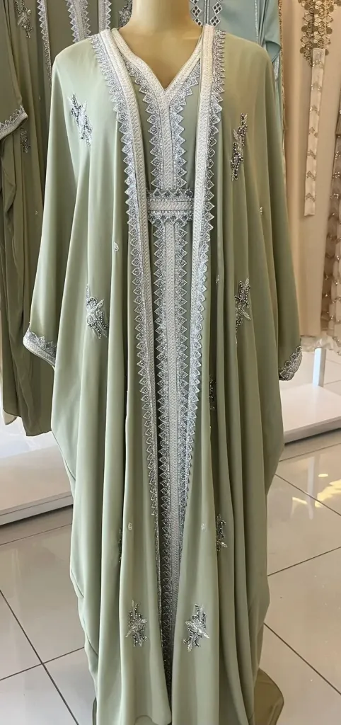 KS1299LGSXL LIME GREEN WITH SILVER STONES TWO PIECE FREE SIZE DESIGN KAFTAN                       -SIZE XL