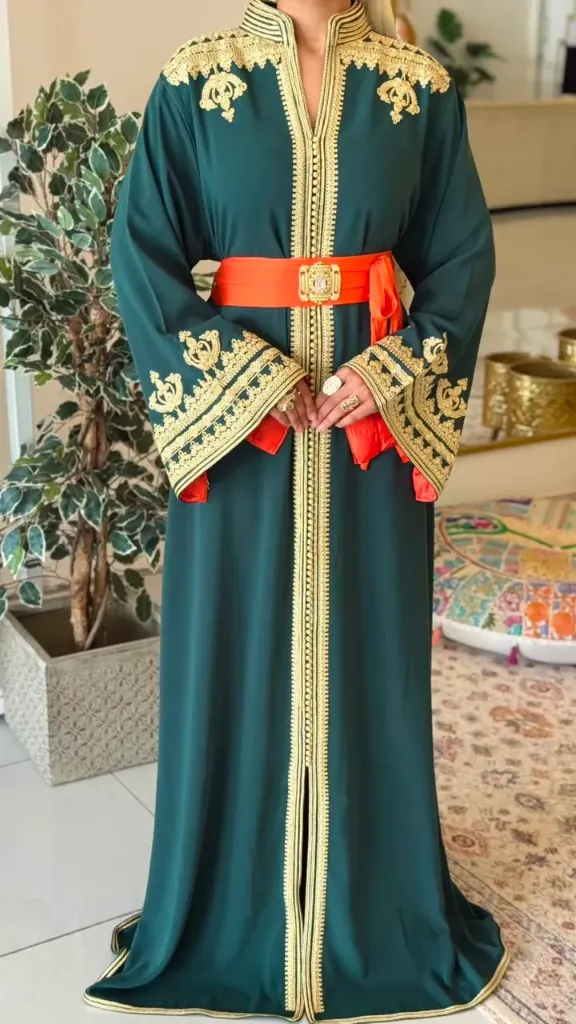 KS1303GSF GREEN WITH GOLD EMBROIDERY MOROCCAN KAFTAN       -FREE SIZE
