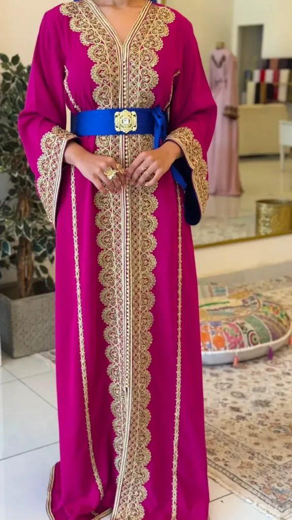 KS1303PSF PINK  WITH GOLD EMBROIDERY MOROCCAN KAFTAN      -FREE SIZE