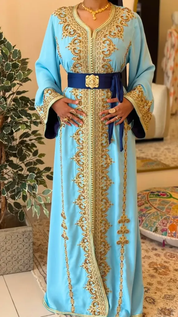 KS1303SBSF SKY BLUE  WITH GOLD EMBROIDERY MOROCCAN KAFTAN      -FREE SIZE