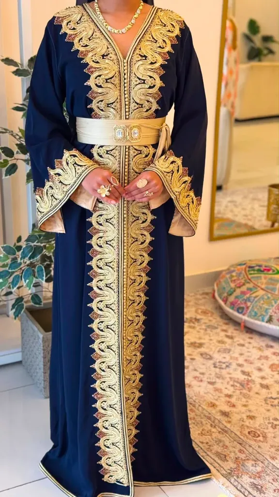 KS1303NBSF NAVY BLUE  WITH GOLD EMBROIDERY MOROCCAN KAFTAN              -FREE SIZE