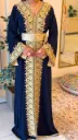 KS1303NBSF NAVY BLUE  WITH GOLD EMBROIDERY MOROCCAN KAFTAN              -FREE SIZE