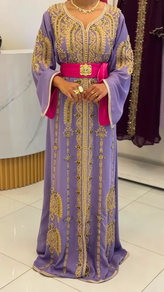 KS1303PUSF PURPLE  WITH GOLD EMBROIDERY MOROCCAN KAFTAN           -FREE SIZE
