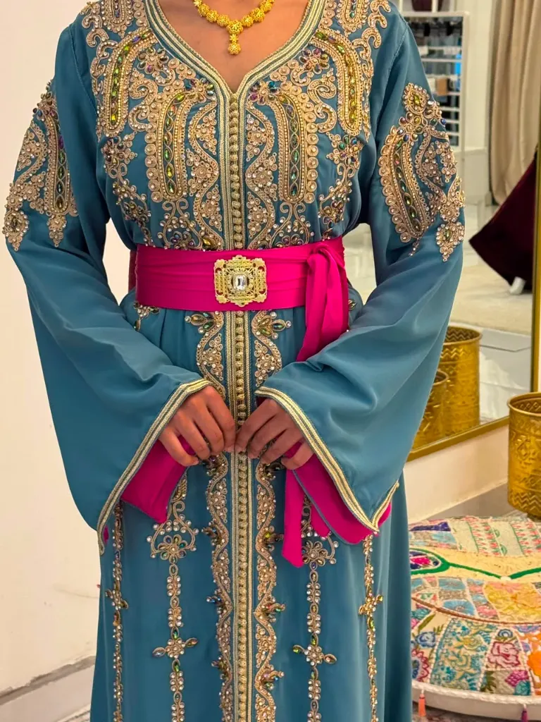 KS1303LGSF LIME GREEN  WITH GOLD EMBROIDERY MOROCCAN KAFTAN          -FREE SIZE