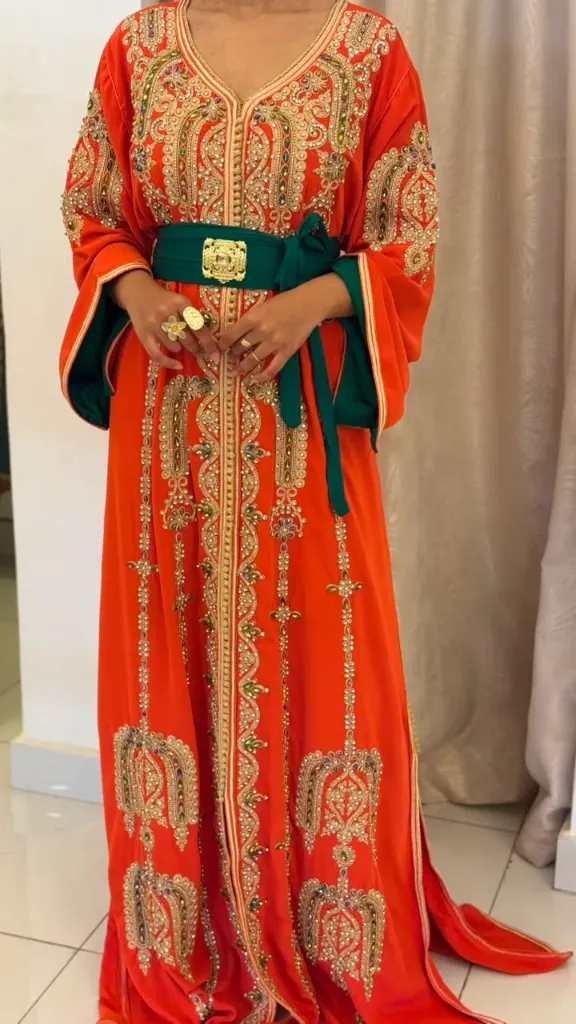 KS1303BOSF BURNT ORANGE WITH GOLD EMBROIDERY MOROCCAN KAFTAN    -FREE SIZE