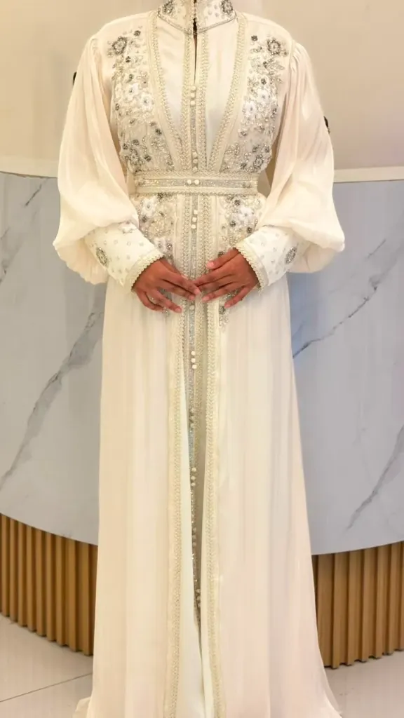 KS1304WSXL WHITE WITH SILVER AND GREY EMBROIDERED BEADS KAFTAN             -FREE SIZE