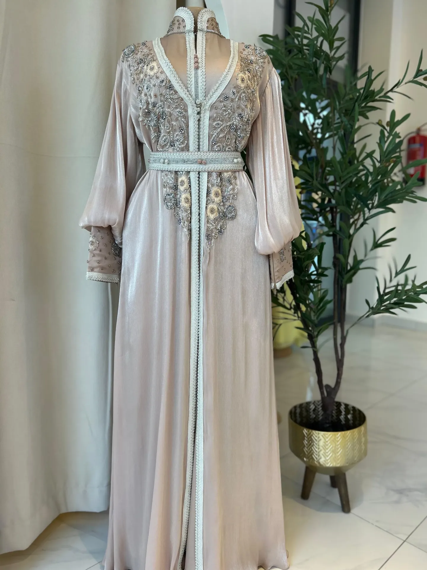 KS1304BRSXL BROWN WITH SILVER AND GREY EMBROIDERED BEADS KAFTAN                -SIZE XL