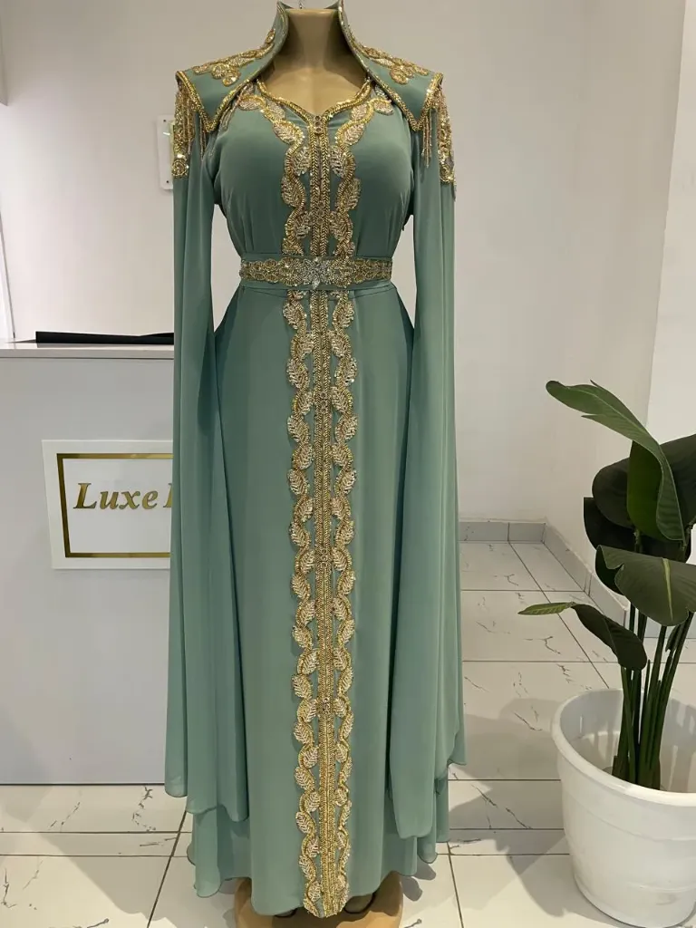 KS1319LGSL LIME GREEN WITH CLEAR BEADS AND GOLD SEQUINS CHINISE COLLAR KAFTAN