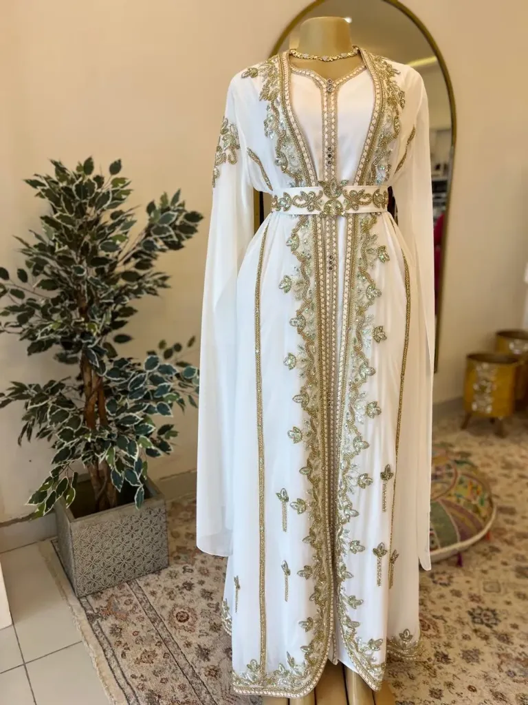 KS1321WSL WHITE WITH GOLD BEADS AND COLOURFUL SEQUINS TWO PIECE LONG SLEEVED KAFTAN