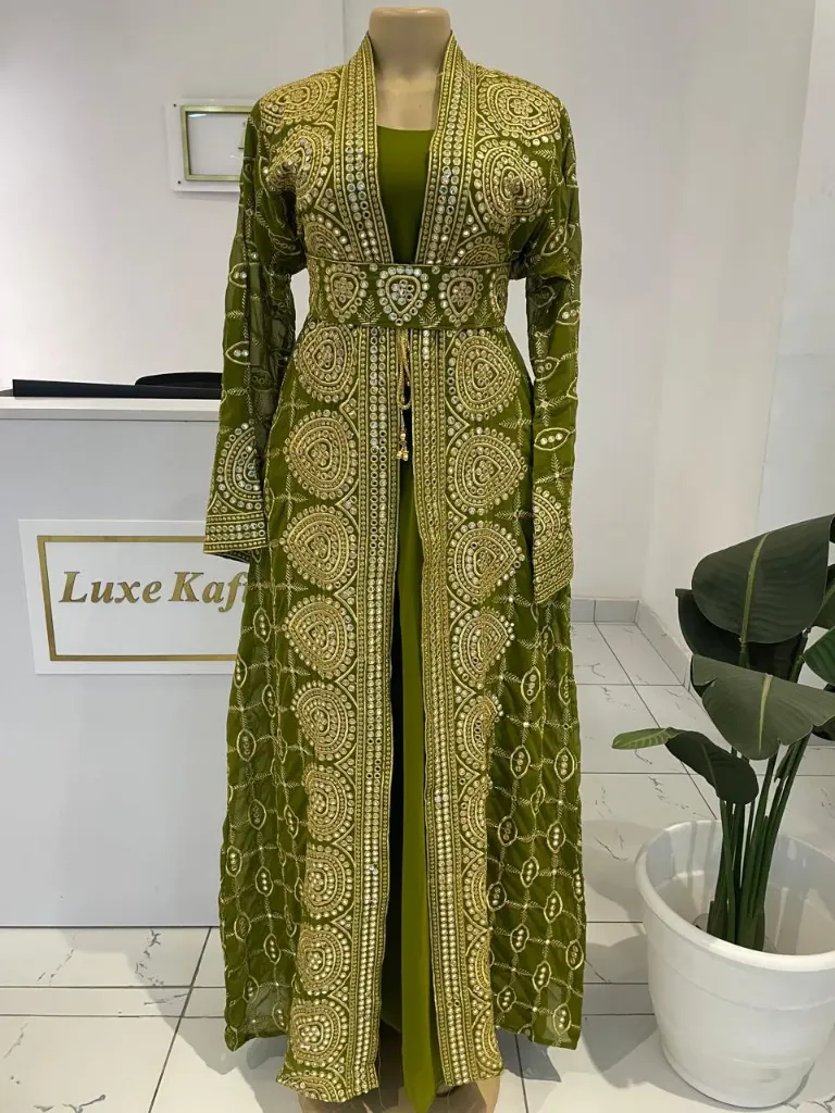 KS1325OGSF OLIVE GREEN TWO PIECE EMBROIDERED KAFTAN