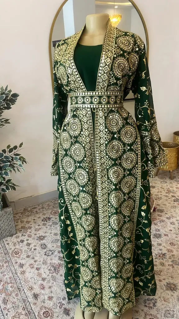 KS1325JGSF JUNGLE  GREEN TWO PIECE EMBROIDERED KAFTAN