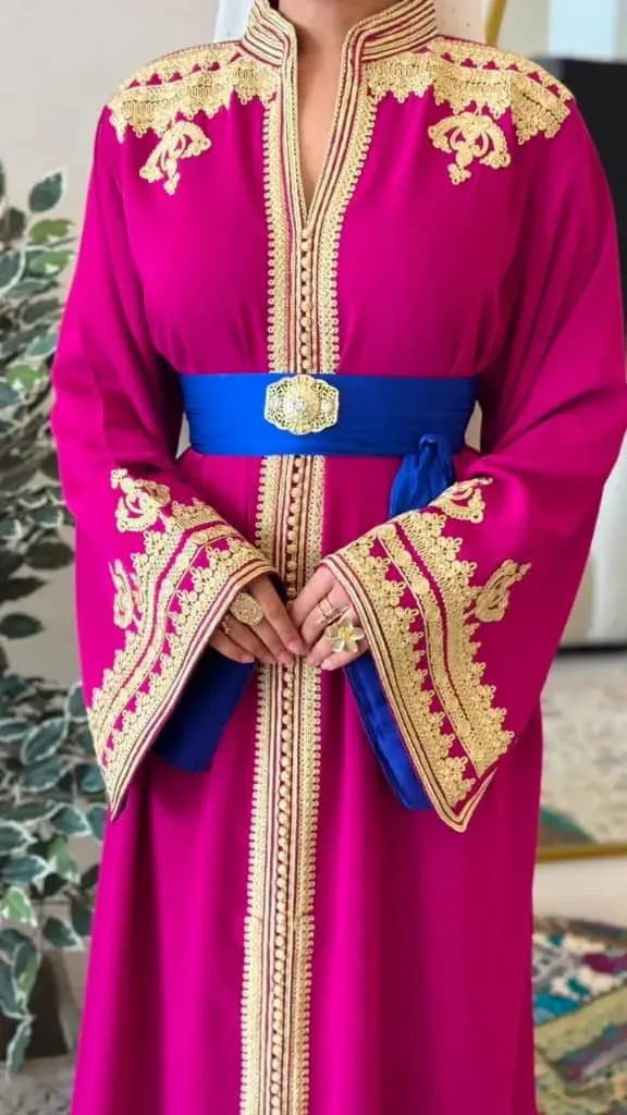 [KS1350PSF] Pink Moroccan Kaftan with Gold Embroidery