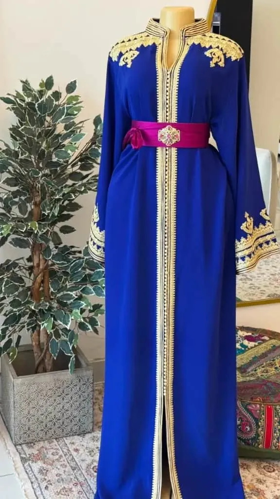 [KS1350BSF] Blue Moroccan Kaftan with Gold Embroidery