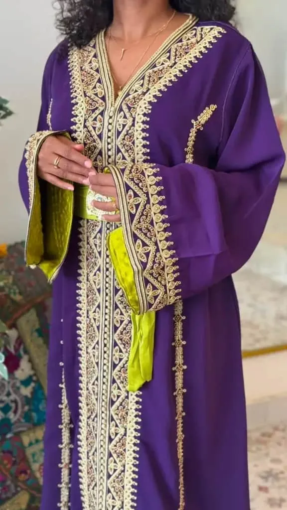 [KS1351PUSF] Purple Moroccan Kaftan with Colourful Embroidery