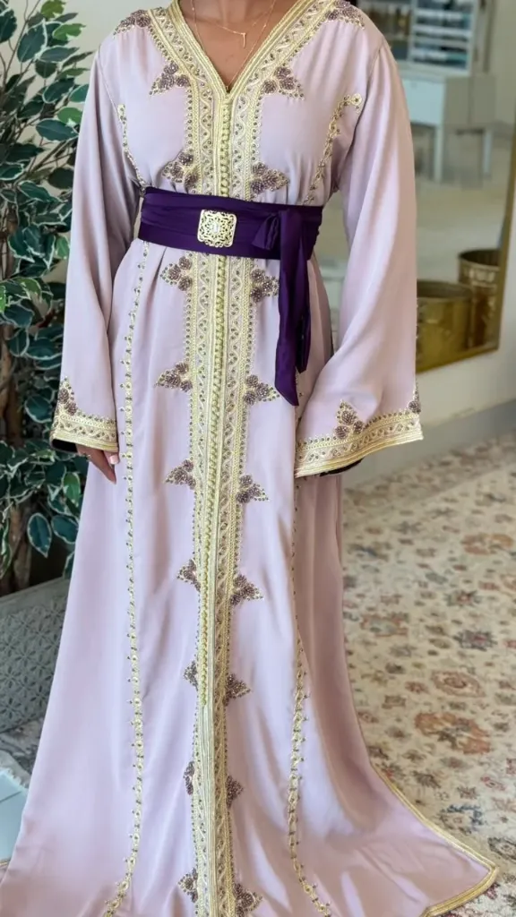 KS1351BESF BEIGE WITH COLOURFUL EMBROIDERED MOROCCAN KAFTANS
