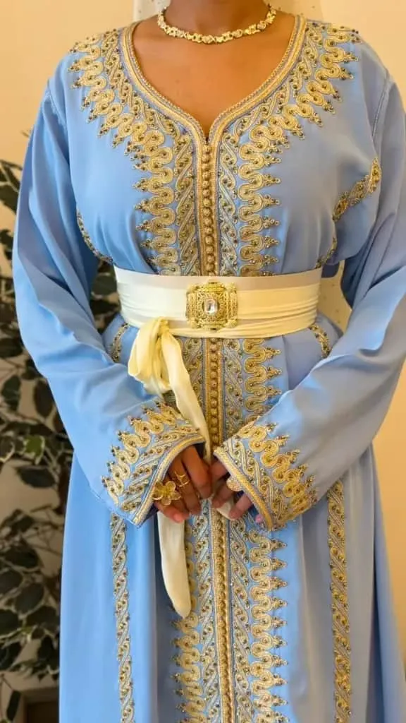 [KS1351SBSF] Sky Blue Moroccan Kaftan with Colourful Embroidery