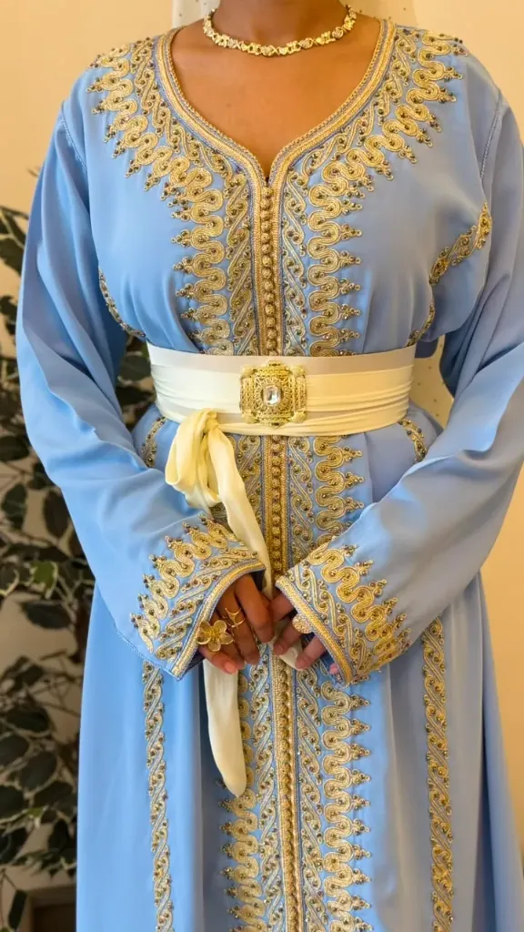 KS1351SBSF SKY BLUE WITH COLOURFUL EMBROIDERED MOROCCAN KAFTANS