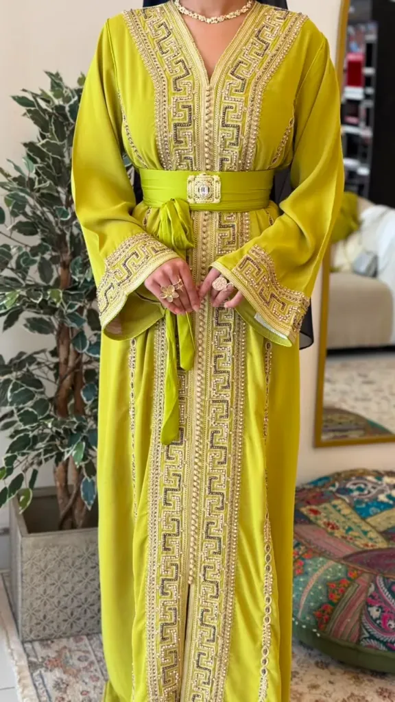 KS1351OGSF OLIVE GREEN WITH COLOURFUL EMBROIDERED MOROCCAN KAFTANS