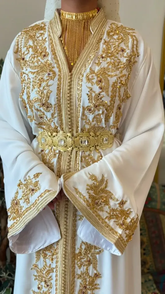 KS1352WSF WHITE WITH GOLD EMBROIDERED BEADS KAFTAN