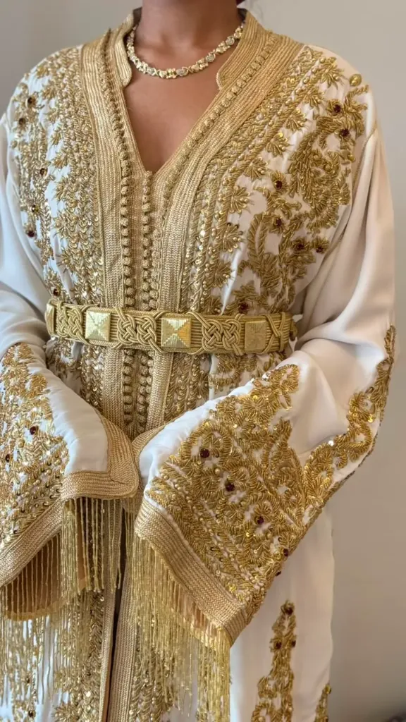 KS1353WSF WHITE WITH GOLD EMBROIDERED BEADS TWO PIECEDESIGN KAFTAN