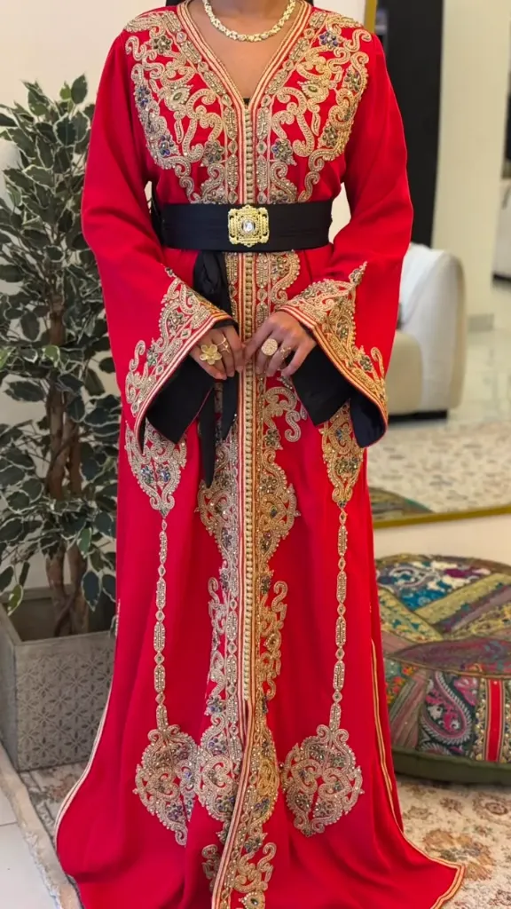 KS1354ORSF ORANGE WITH MORE EMBROIDERED STONES MOROCCAN KAFTAN