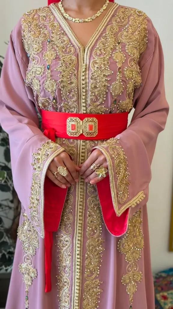 KS1354PSF PINK WITH MORE EMBROIDERED STONES MOROCCAN KAFTAN
