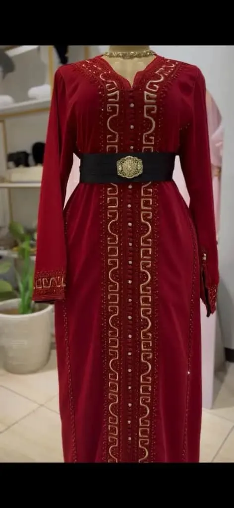 [KS13555RSF] Red Moroccan Kaftan with Square Embroidery