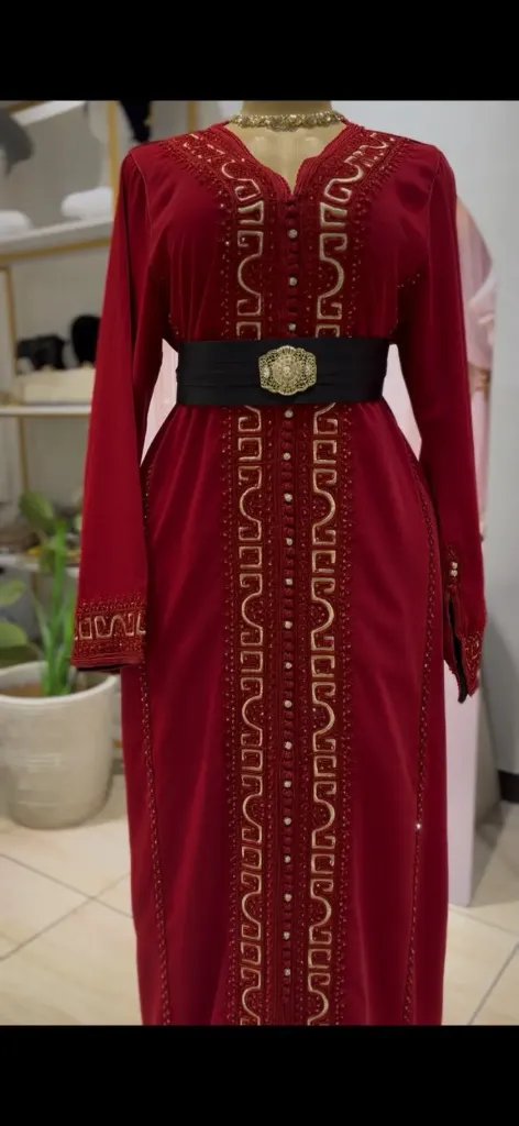 KS13555RSF RED WITH SQUARE EMBROIDERY MOROCCAN KAFTAN
