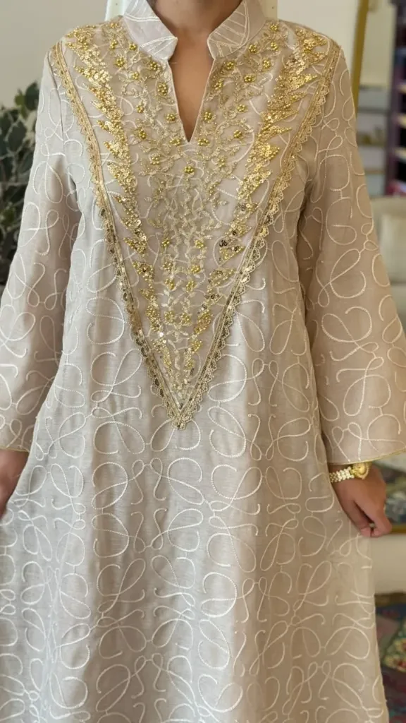 BROWN WITH V LIKE EMBROIDERED SEQUINS KAFTAN