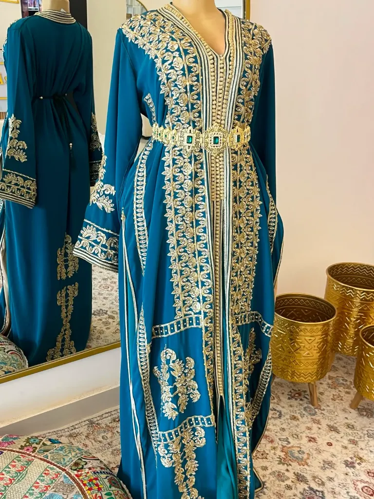 KA675TBSF  TURQUOISE BLUE MOROOCCAN KAFTAN WITH GOLD EMBROIDERY        -FREE SIZE