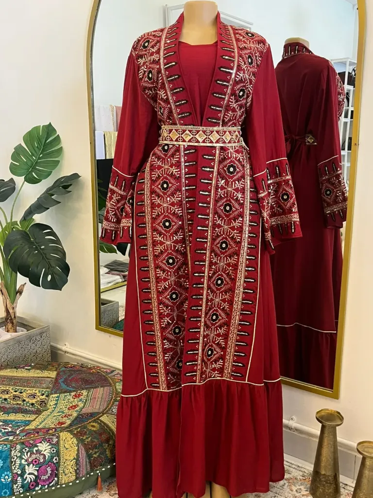 KA792MSXL MAROON TWO PIECE LINEN WITH BLACK SEQUIN KAFTAN           -SIZE XL