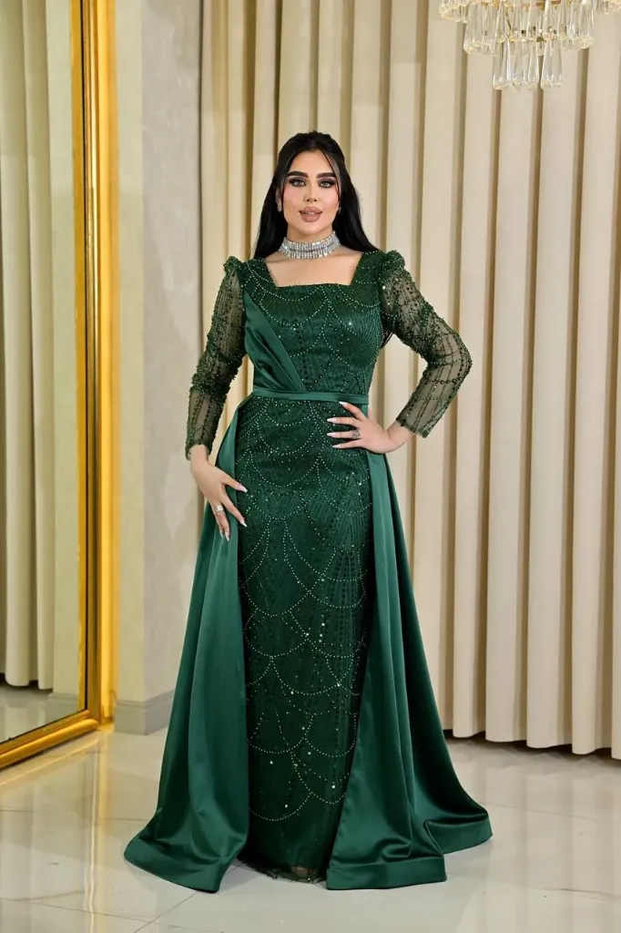 KA884GS44   GREEN WITH NET SEQUINED  EVENING DRESS